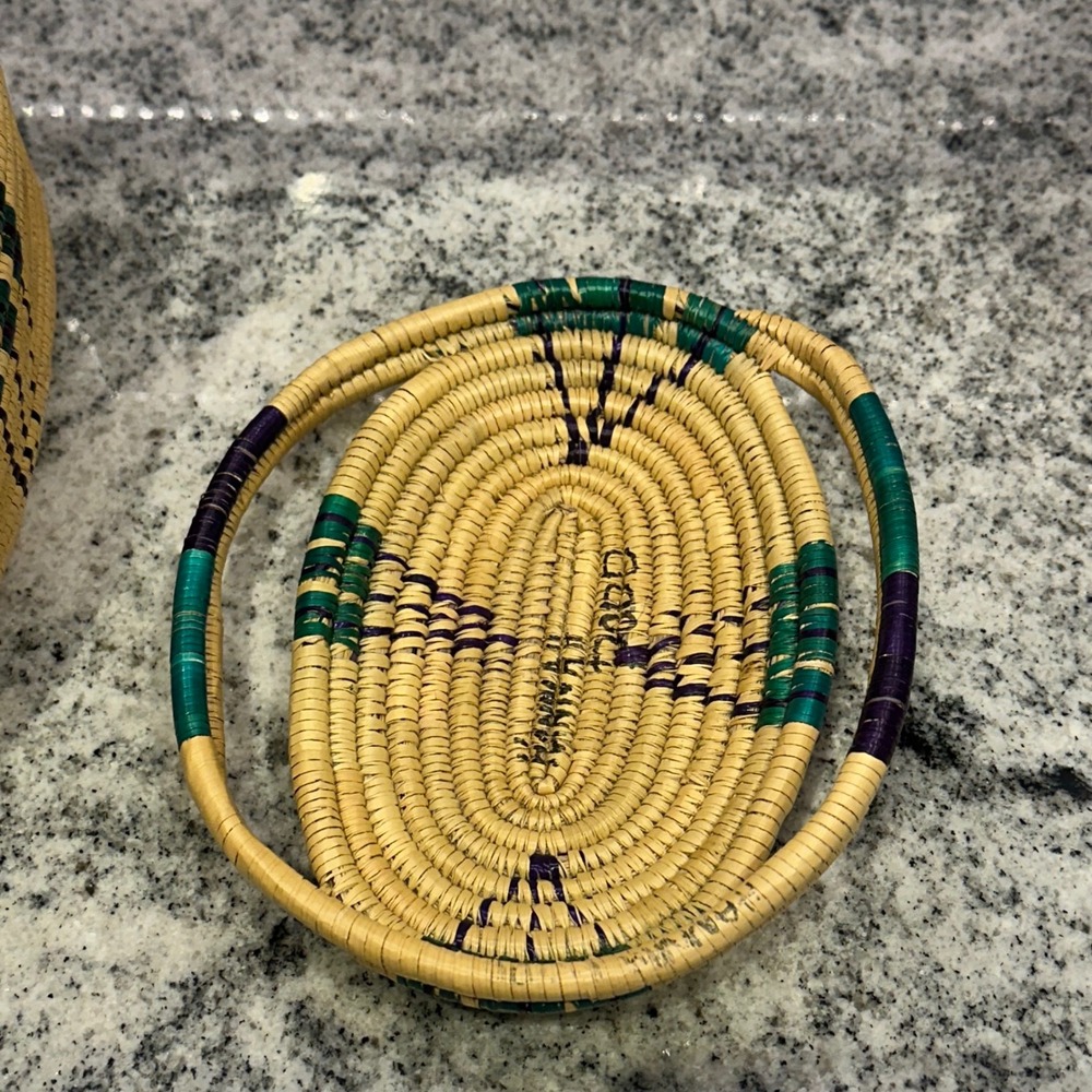 Handcrafted Woven Basket Bag with Lid Teal Purple Geometric Natural Straw Tan - Picture 9 of 13